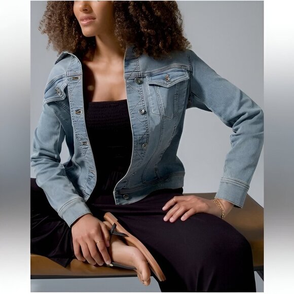 Light Wash Denim Jacket Stretch Cotton-Blend Classic Trucker Coastal Blue S Soma - Picture 5 of 15